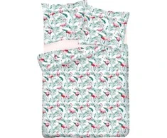 Patalynės komplektas Matex Patalynė atlasas 220x200 15A Premium flamingų palmių lapai mėtų rožinės spalvos