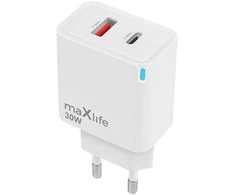 Maxlife kroviklis jungiama į tinklą GaN PD QC MXTC-09-30AC 1x USB-C 1x USB 30W balta