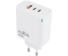 „Maxlife MXTC-09-65ACC GaN PD QC“ įkroviklis 2x USB-C 1x USB 65W baltas