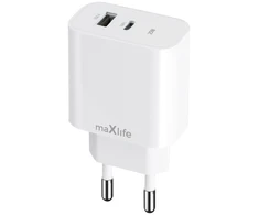 Maxlife MXTC-06-25AC PD QC įkroviklis 1x USB-C 1x USB 25W baltos spalvos