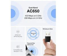 MERCUSYS MA20NB WiFi5 USB nano adapteris (AC650, 2,4GHz/5GHz, Bluetooth 5.0, USB 2.0)