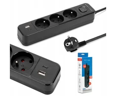 Montis Juodas 3 lizdų elektros ilgintuvas su USB jungtimi, 5 m, MT185-BK-5