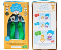 Nanas Manners Stage 3 Stalo įrankiai tinkamo sukibimo ŽALIAS peilis ir šakutė 3-9 metai