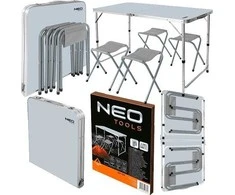 Neo Tools Rinkinys Kempingo komplektas: stalas ir 4 kėdės, sulankstomos į lagaminą