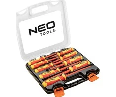 Neo 9 vnt. VDE atsuktuvų rinkinys: 0,6*3*100, 0,8*4*100, 1,0*5,5*125, 1,2*6,5*150, 1,6*8*175, PH0*3*60 mm, PH1*4,5*80 mm, PH2*6*100