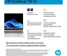 Nešiojamas kompiuteris HP OmniBook 7 - Ultra 7 255H | 16"-2K-OLED-120Hz-Dotyk | 32GB | 1TB | W11H | Srebro lodowcowe