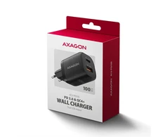 Nešiojamojo kompiuterio maitinimo adapteris Axagon GaN tinklo įkroviklis 100 W, USB-A + USB-C, PD3.0/PPS/QC4+/SFC2.0/Apple, juodas (ACU-PQ100)