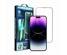 OEM 5D visiškai klijuojamas grūdintas stiklas iPhone 15 juodas + aplikatorius