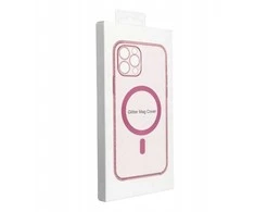 Dėklas Oem Case for iPhone 14 Clear Mag Cover with camera protection compatible with MagSafe pink glitter