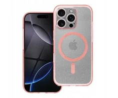 OEM dėklas iPhone 16 PRO, permatomas Mag dangtelis – blizgus (STR / KAMEROS APSAUGA), suderinamas su MagSafe, rožinis blizgus