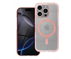 Oem Originalus „iPhone 14“ dėklas su skaidriu „MagSafe“ blizgučiais ir kameros apsauga – suderinamas su rausvais blizgučiais.
