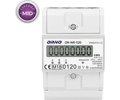 ORNO 3 fazių elektros skaitiklis, 80A, MID, 3 moduliai, DIN TH-35mm