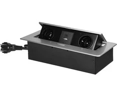 Orno Gniazda Į stalviršį įleidžiami baldų lizdai su plokščiu frezuotu kraštu, USB įkrovikliu ir 1,5 m laidu, 2x2P+Z, 2xUSB (A+C tipo; 3,6A), sidabrinės spalvos