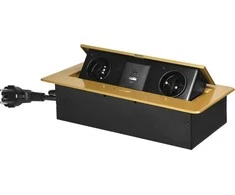 Orno Gniazda Į stalviršį įleidžiami baldų lizdai su plokščiu frezuotu kraštu, USB įkrovikliu ir 1,5 m laidu, 2x2P+Z, 2xUSB (A+C tipo; 3,6A), aukso spalvos