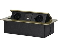 Gniazda Baldų lizdai, įleidžiami į stalviršį, su plokščiu frezuotu kraštu ir USB įkrovikliu, 2x2P+Z, 2xUSB, žalvaris