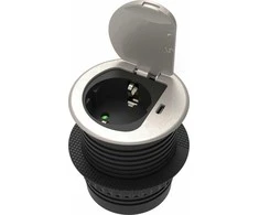 Orno Lizdas Baldinis lizdas Ø6cm, įleidžiamas į stalviršį, su dangteliu, USB įkrovikliu ir 1,9m laidu, 1x2P+Z (Schuko), 1xUSB (C tipo; 20W), sidabrinis