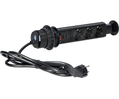 Orno Lizdas Baldinis lizdas Ø6cm, ištraukiamas iš stalviršio, su USB įkrovikliu, spyna ir 1,8m laidu, 3x2P+Z (Schuko), juodas