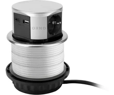 Orno Lizdas Baldinis lizdas Ø10cm, ištraukiamas iš stalviršio, su USB įkrovikliu ir 1,5m laidu, 3x2P+Z (Schuko), 2xUSB (A+C tipo; maks. 3A), sidabrinis
