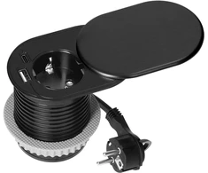 Orno Lizdas Baldinis lizdas Ø6cm, įleidžiamas į stalviršį su stumdomu dangteliu, USB įkrovikliu ir 1,9m laidu, 1x2P+Z (prancūziškas), 2xUSB (A+C tipo; PD20W), juodas