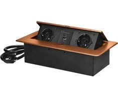 Orno Lizdas Į stalviršį įleidžiamas baldų lizdas su plokščiu frezuotu kraštu, USB įkrovikliu ir 1,5 m laidu, 2x2P+Z (Schuko), 2xUSB (A+C tipo; 3,6A), aukso spalvos