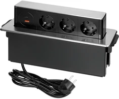 Orno Lizdas Baldinis lizdas, išsikišantis iš stalviršio, su plokščiu frezuotu kraštu, USB įkrovikliu ir 2 m laidu, 3x2P+Z (Schuko), 2 x USB (A+C tipo; PD20W), 3x1,5mm², INOX