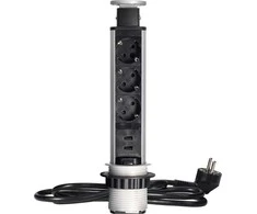 Orno Lizdas Baldinis lizdas Ø6cm, ištraukiamas iš stalviršio, su USB įkrovikliu, spyna ir 1,8m laidu, 3x2P+Z (Schuko), sidabrinis