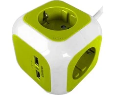 Orno Przedłużacz „Cube“ prailginimo laidas, 4 krypčių (Schuko) su 2xUSB įkrovikliu, 1,4 m, žalias