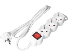Orno Przedłużacz 3 krypčių prailgintuvas 2P+Z (Schuko) su jungikliu, 1,5 m H05VV-F 3x1,5mm2, Imax=16A, plokščias kištukas, baltas