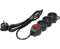 Orno Przedłużacz 3 krypčių prailgintuvas 2P+Z, su jungikliu, 3m H05VV-F 3x1.5mm2, Imax=16A, plokščias kištukas, juodas