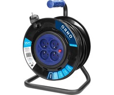 Orno prailginimo laido ritė, 4 lizdai 2P+Z, PVC kabelis H05VV-F 3x1,5mm-, ilgis 25m, fiksuoti lizdai, šiluminė apsauga, srovės kelio sklendės.