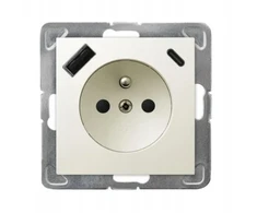 Ospel GP-1YZPUSBAC/m/27 IMPRESJA Viengubas lizdas su įžeminimu ir srovės kelio skląsčiais, su USB įkrovikliu A+C, ekru GP-1YZPUSBAC/m/27