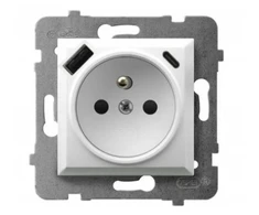 Ospel GP-1UZPUSBAC/m/70 ARIA Viengubas lizdas su įžeminimu, srovės kelio skląsčiais ir USB įkrovikliu, A+C, matinės pilkos spalvos GP-1UZPUSBAC/m/70