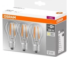 LED lemputės OSRAM FILAMENT BASE CLASSIC, E27, A60, 2700 K, 7 W, 806 lm, non-dim, 3 vnt