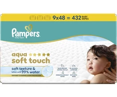 Pampers Aqua Soft Touch Servetėlės Kūdikiams, 9 Pakuotė, 432 Servetėlės