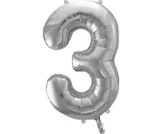 PartyDeco Balionas folinis skaičius 3 sidabrinis 86cm