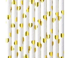 Party Deco Popieriniai šiaudeliai su auksinėmis širdelėmis