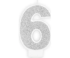 PartyDeco Gimtadienio žvakutė nr 6 sidabrinė blizganti 7cm