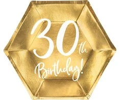 Party Deco Popierinės lėkštutės auksinės "30 gimtadienis" 6vnt