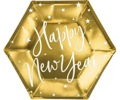 Party Deco Popierinės lėkštutės auksinės "Happy new year" 6vnt