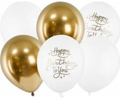 Party Deco Balionų rinkinys "Happy Birthday To You" balta-auksinė 30cm 6 vnt