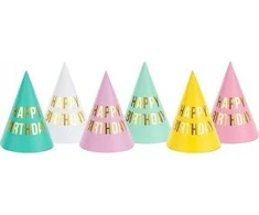 PartyDeco Gimtadienio kepuraitės spalvotos "Happy Birthday" 6 vnt 16cm