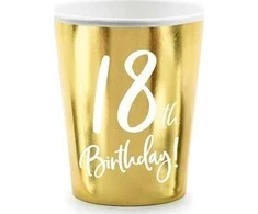 PartyDeco Vienkartiniai puodeliai auksiniai "18 birthday" 220ml 6 vnt