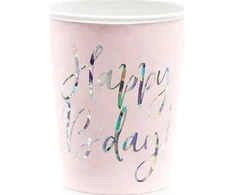 PartyDeco Vienkartiniai puodeliai rožiniai "Happy birthday" 220ml 6 vnt
