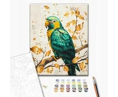 BRUSHME Malowanie po numerach BRUSHME, 40x50 cm, auksinis, szmaragdowa papuga, 1 vnt., dėžutėje