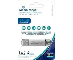 MediaRange Kombo-storagestick 64 GB, USB-Stick - sidabrinis/transparent, USB-A 3.2 Gen 1, USB-C 3.2 Gen 1