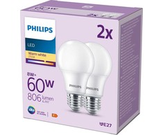 „Philips“ Signify LED klasikinė lempa, 60 W, E27, šiltai balta, 806 lm, plastikinė, balta, 2 vnt. pakuotėje