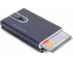 Piquadro, Mėlyna Square, Leather Card Holder, Square Sliding System with Zipped Coin Pocket, PP5359B2R-BLU2, Mėlyna, For Men