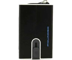 Piquadro, Mėlyna Square, Leather Card Holder, Square Sliding System with Zipped Coin Pocket, PP5359B2R-N, Juodas, For Men