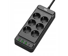Plastrol Fiksuotas prailgintuvas su šešių kontaktų 2p+Z kištuku ir USB A, USB C lizdais, 2m, SCHUKO | KEL