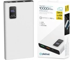 Platinet maitinimo blokas 10000mAh PD QC LED, baltas